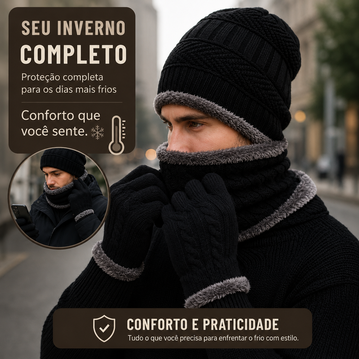 Conjunto de Inverno - Touca Térmica, Gola Cachecol e Luvas Touch (Forradas de Lã)