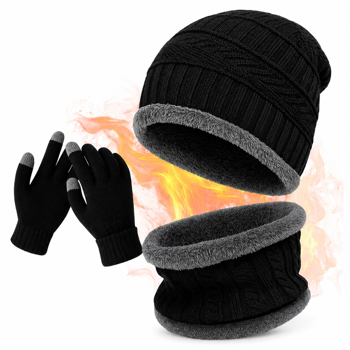 Conjunto de Inverno - Touca Térmica, Gola Cachecol e Luvas Touch (Forradas de Lã)