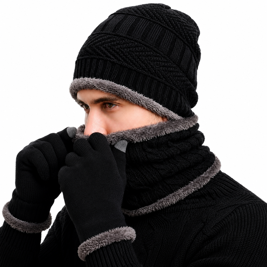 Conjunto de Inverno - Touca Térmica, Gola Cachecol e Luvas Touch (Forradas de Lã)
