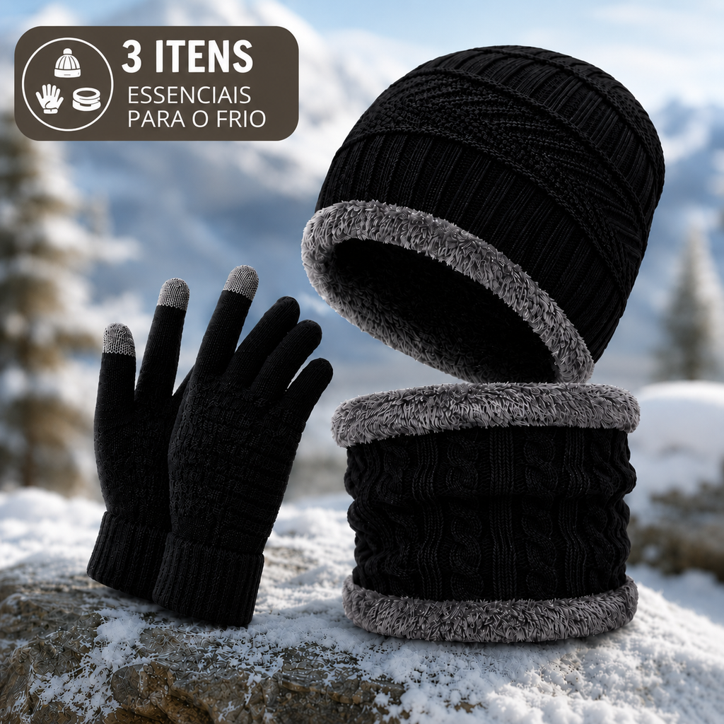 Conjunto de Inverno - Touca Térmica, Gola Cachecol e Luvas Touch (Forradas de Lã)