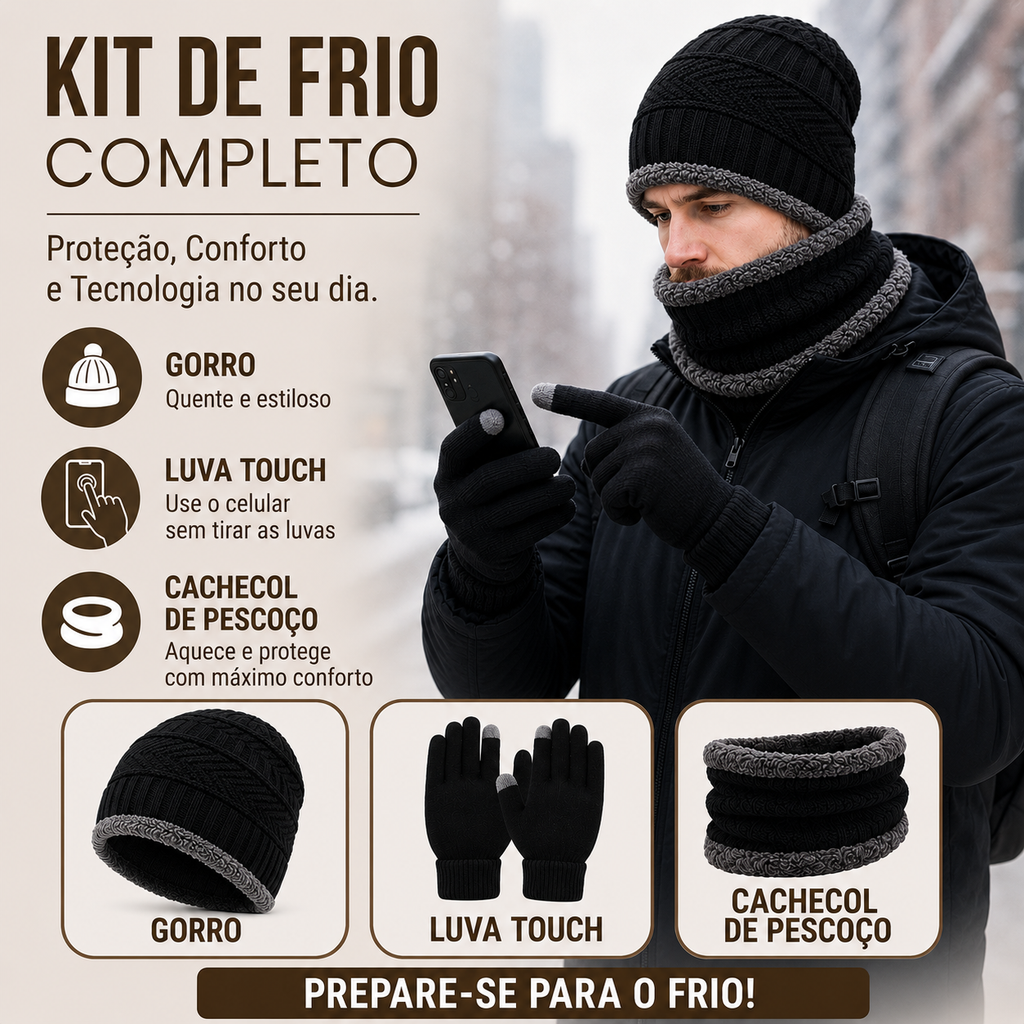 Conjunto de Inverno - Touca Térmica, Gola Cachecol e Luvas Touch (Forradas de Lã)
