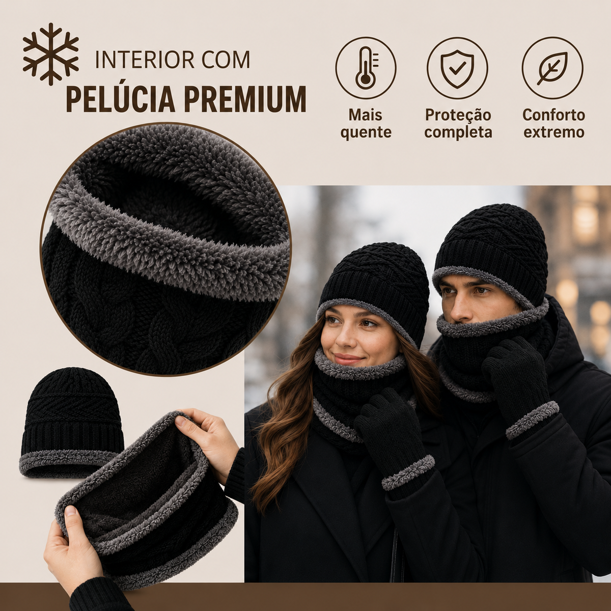 Conjunto de Inverno - Touca Térmica, Gola Cachecol e Luvas Touch (Forradas de Lã)