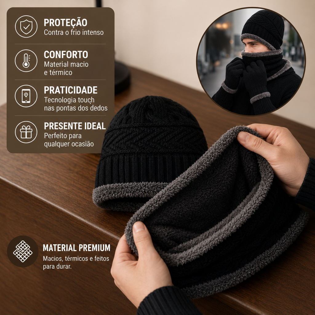Conjunto de Inverno - Touca Térmica, Gola Cachecol e Luvas Touch (Forradas de Lã)