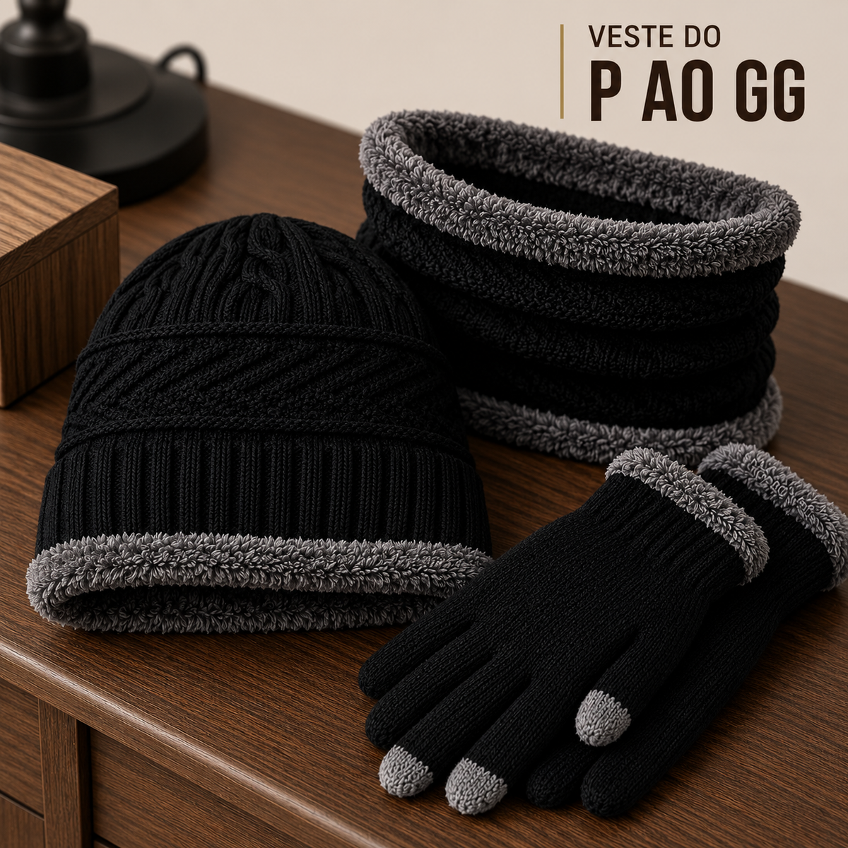 Conjunto de Inverno - Touca Térmica, Gola Cachecol e Luvas Touch (Forradas de Lã)
