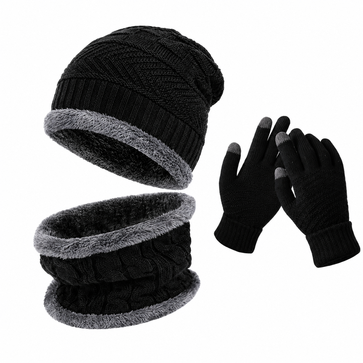 Conjunto de Inverno - Touca Térmica, Gola Cachecol e Luvas Touch (Forradas de Lã)