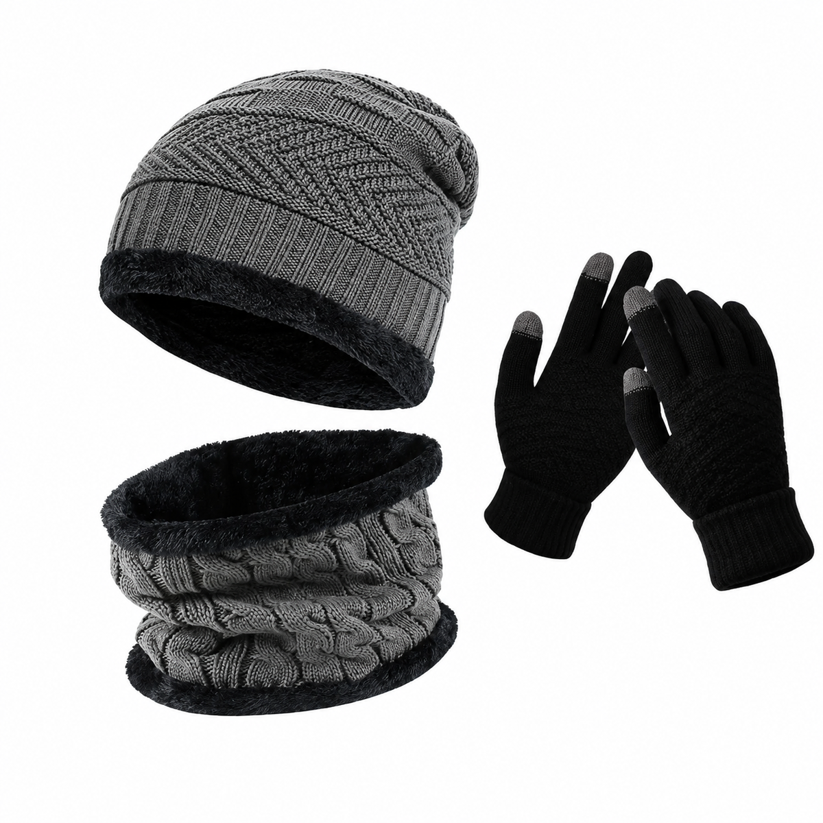 Conjunto de Inverno - Touca Térmica, Gola Cachecol e Luvas Touch (Forradas de Lã)