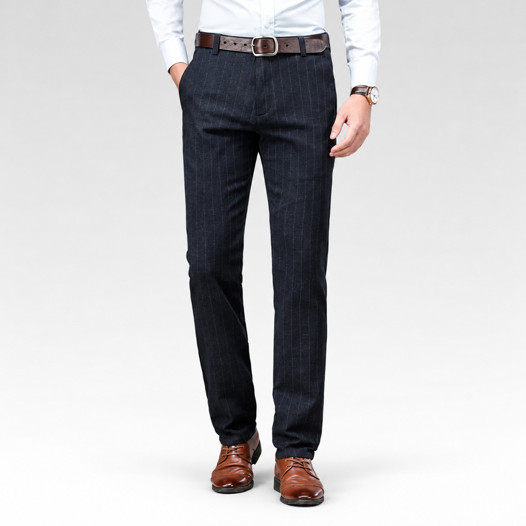 Calça Social Masculina - Listrada — fundo cinza