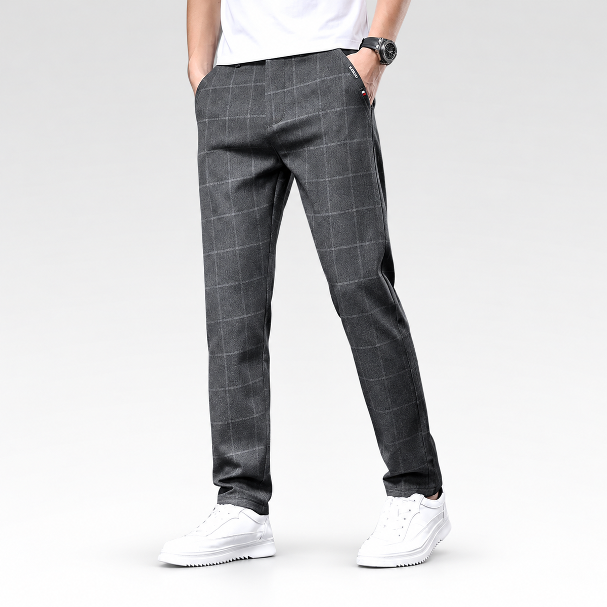 Calça Social Masculina - Xadrez — fundo cinza